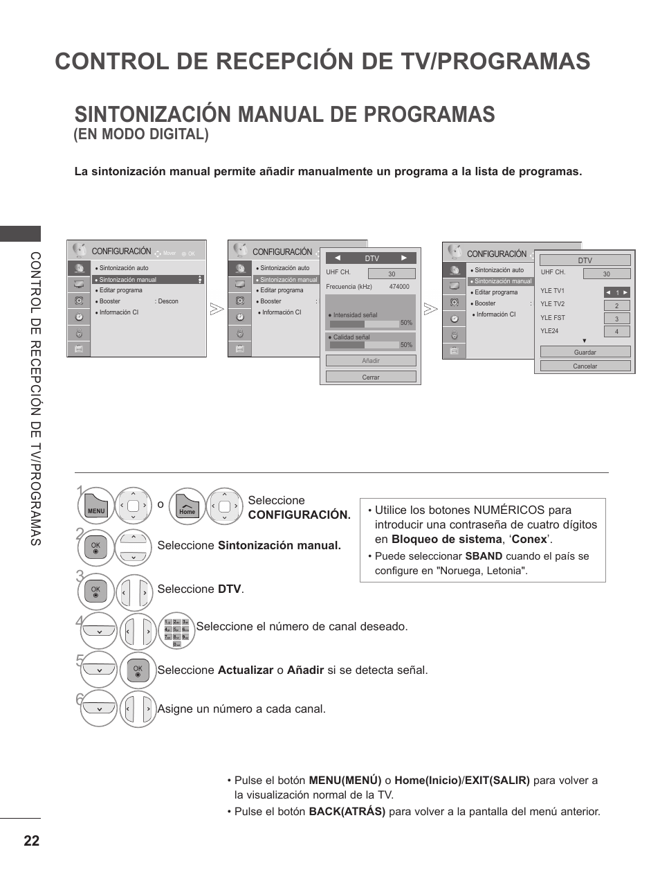 Sintonización manual de programas, Control de recepción de tv/programas, En modo digital) | LG 37LD650H Manual del usuario | Página 48 / 164