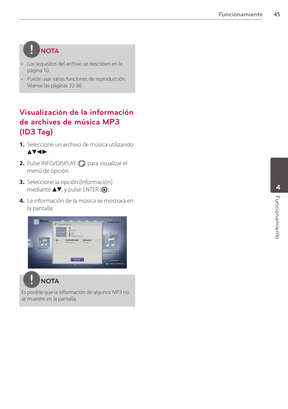 Visualización de la, Información de archives de, Música mp3 (id3 tag) | LG BD550 Manual del usuario | Página 45 / 64