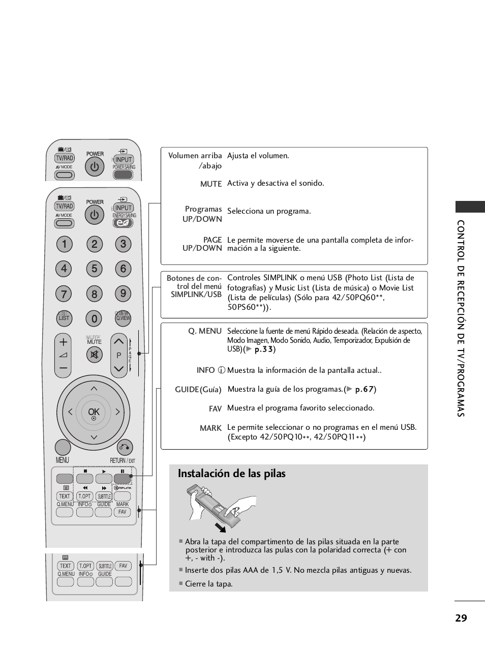 Instalación de las pilas, Contr ol de recepción de tv/pr ogr amas | LG 42PQ6000 Manual del usuario | Página 31 / 124