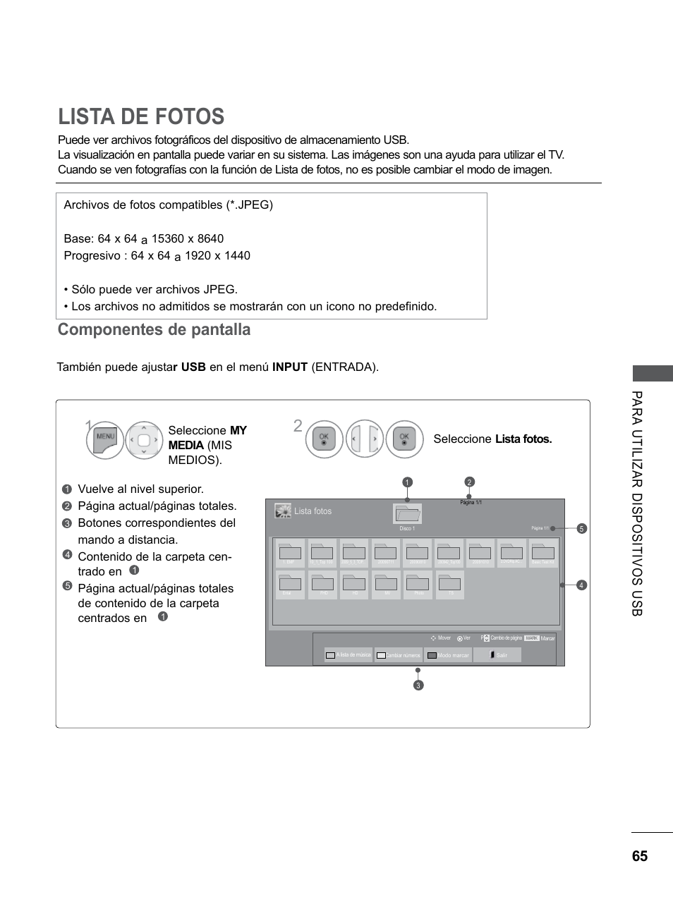 Lista de fotos, Componentes de pantalla | LG 55LE5300 Manual del usuario | Página 113 / 206