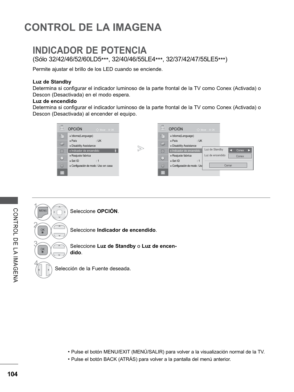 Indicador de potencia, Control de la imagena | LG 55LE5300 Manual del usuario | Página 152 / 206