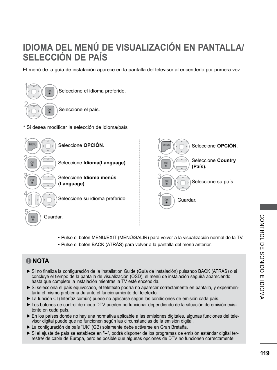 Idioma del menú de visualización en, Pantalla/ selección de país | LG 55LE5300 Manual del usuario | Página 167 / 206