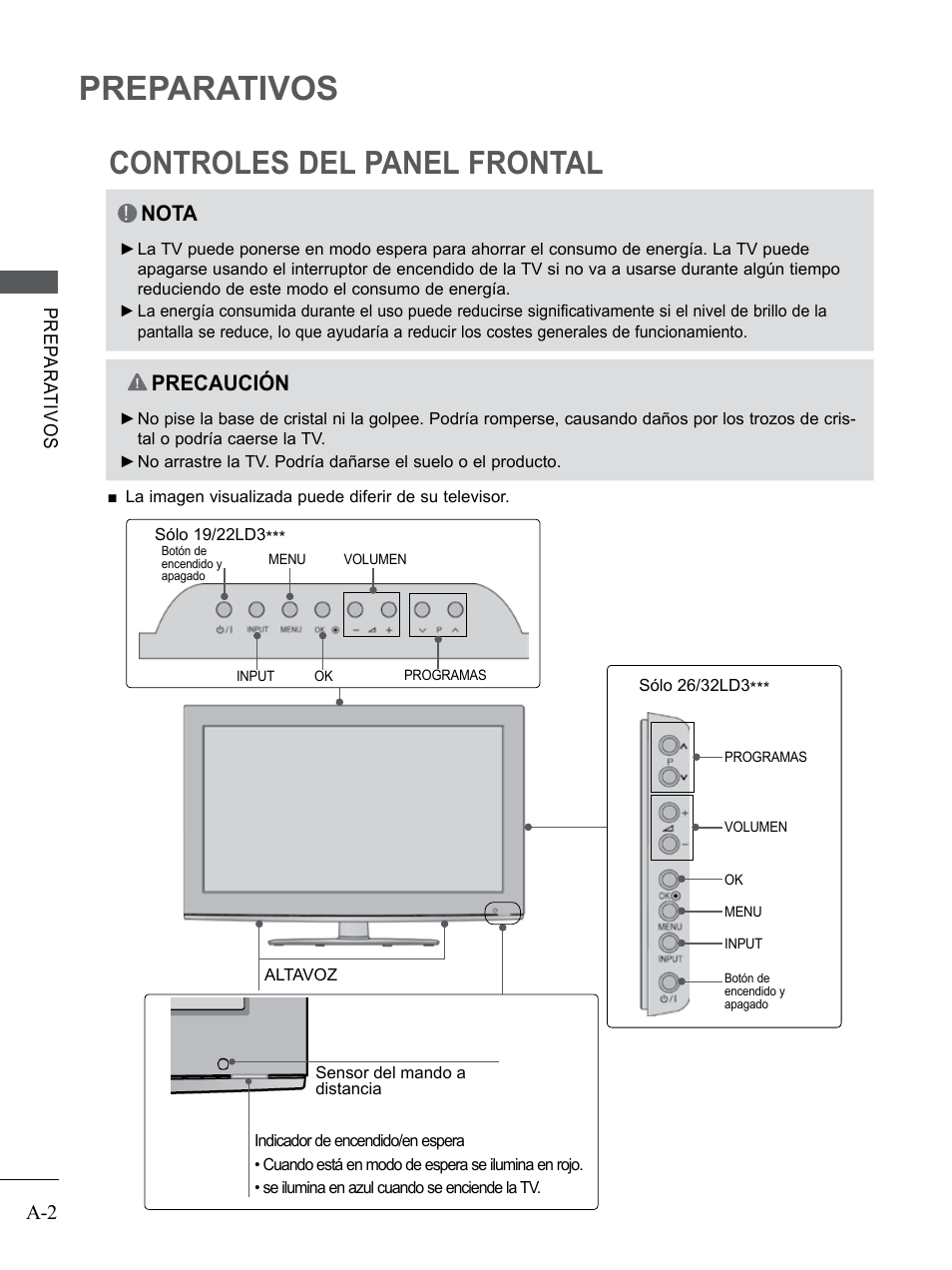 Preparativos, Controles del panel frontal, Nota | Precaución | LG 55LE5300 Manual del usuario | Página 6 / 206