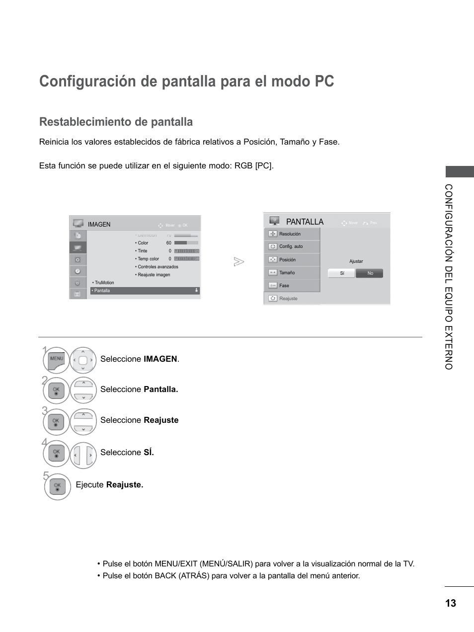 Configuración de pantalla para el modo pc, Restablecimiento de pantalla | LG 55LE5300 Manual del usuario | Página 61 / 206