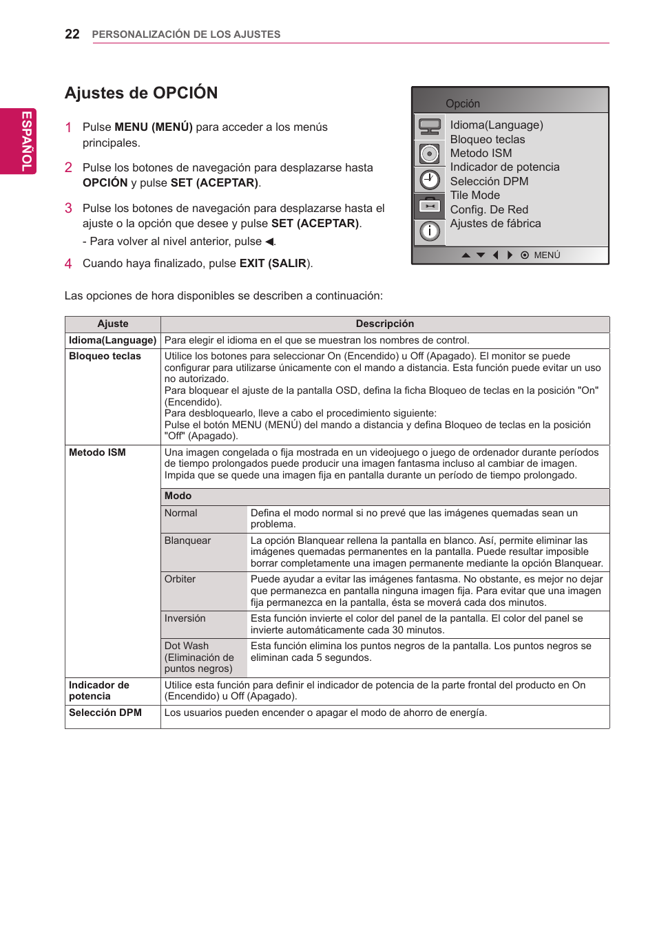 Ajustes de opción | LG 47VL10 Manual del usuario | Página 22 / 48
