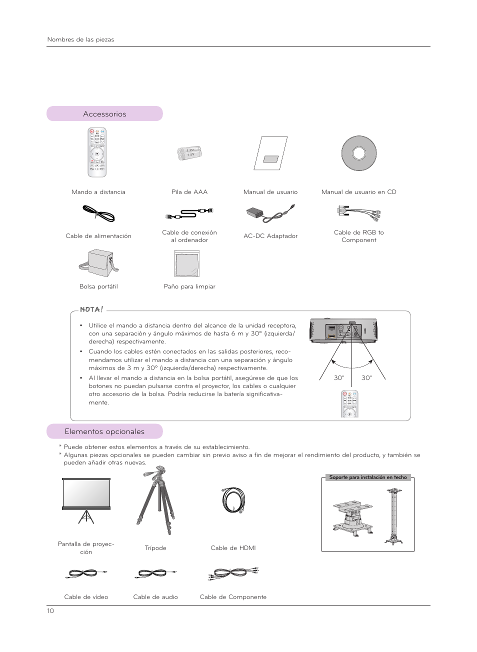 Accessorios, Elementos opcionales | LG HX300G Manual del usuario | Página 10 / 44