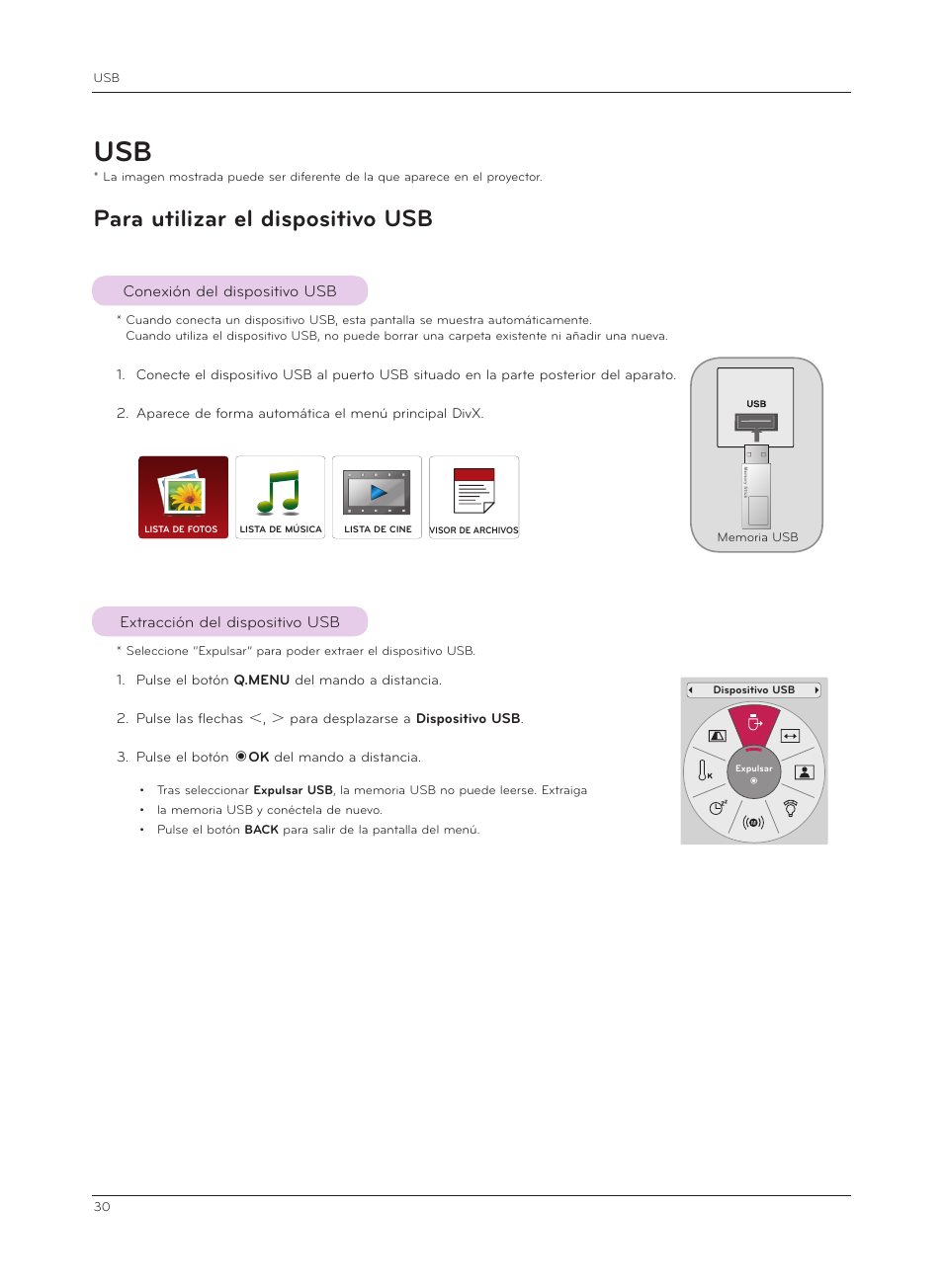 Para utilizar el dispositivo usb, Conexión del dispositivo usb, Extracción del dispositivo usb | LG HX300G Manual del usuario | Página 30 / 44