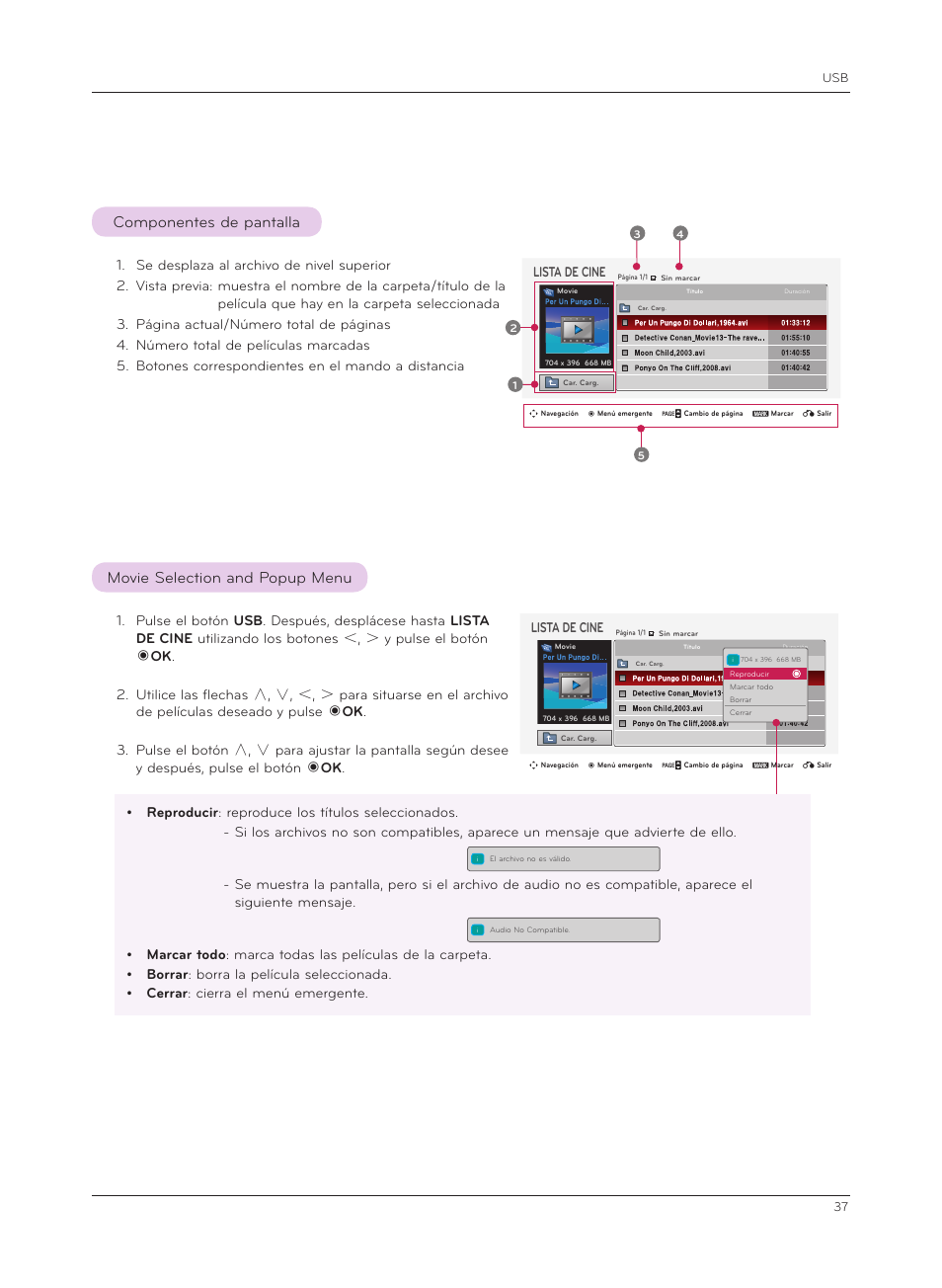 Movie selection and popup menu, Componentes de pantalla | LG HX300G Manual del usuario | Página 37 / 44