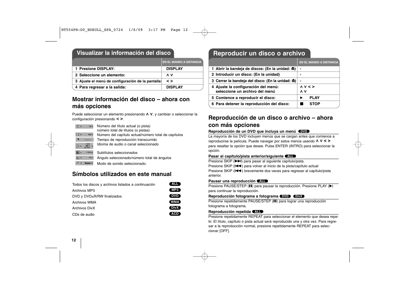 Reproducir un disco o archivo, Símbolos utilizados en este manual, Visualizar la información del disco | LG HT554PH Manual del usuario | Página 12 / 22