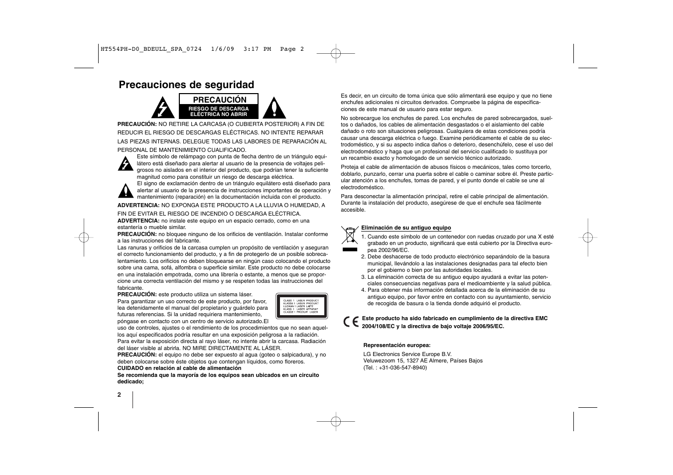 Precauciones de seguridad, Precaución | LG HT554PH Manual del usuario | Página 2 / 22