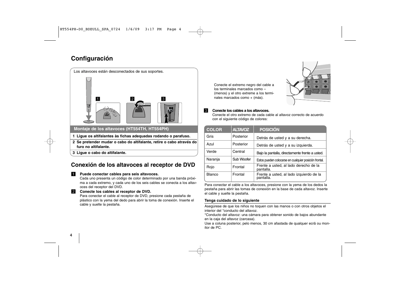 Configuración, Conexión de los altavoces al receptor de dvd | LG HT554PH Manual del usuario | Página 4 / 22