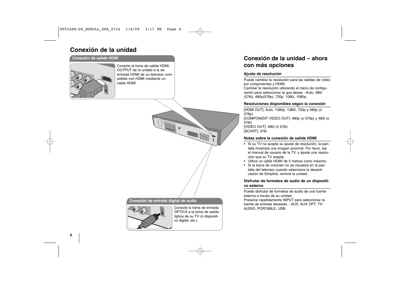 Conexión de la unidad, Conexión de la unidad – ahora con más opciones | LG HT554PH Manual del usuario | Página 6 / 22