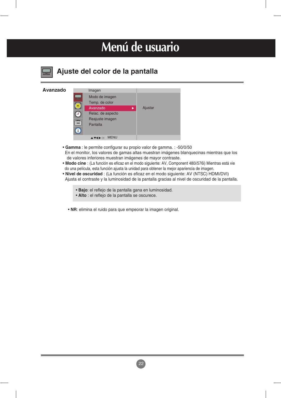 Menú de usuario, Ajuste del color de la pantalla | LG monitor-M4224FCBA Manual del usuario | Página 23 / 76