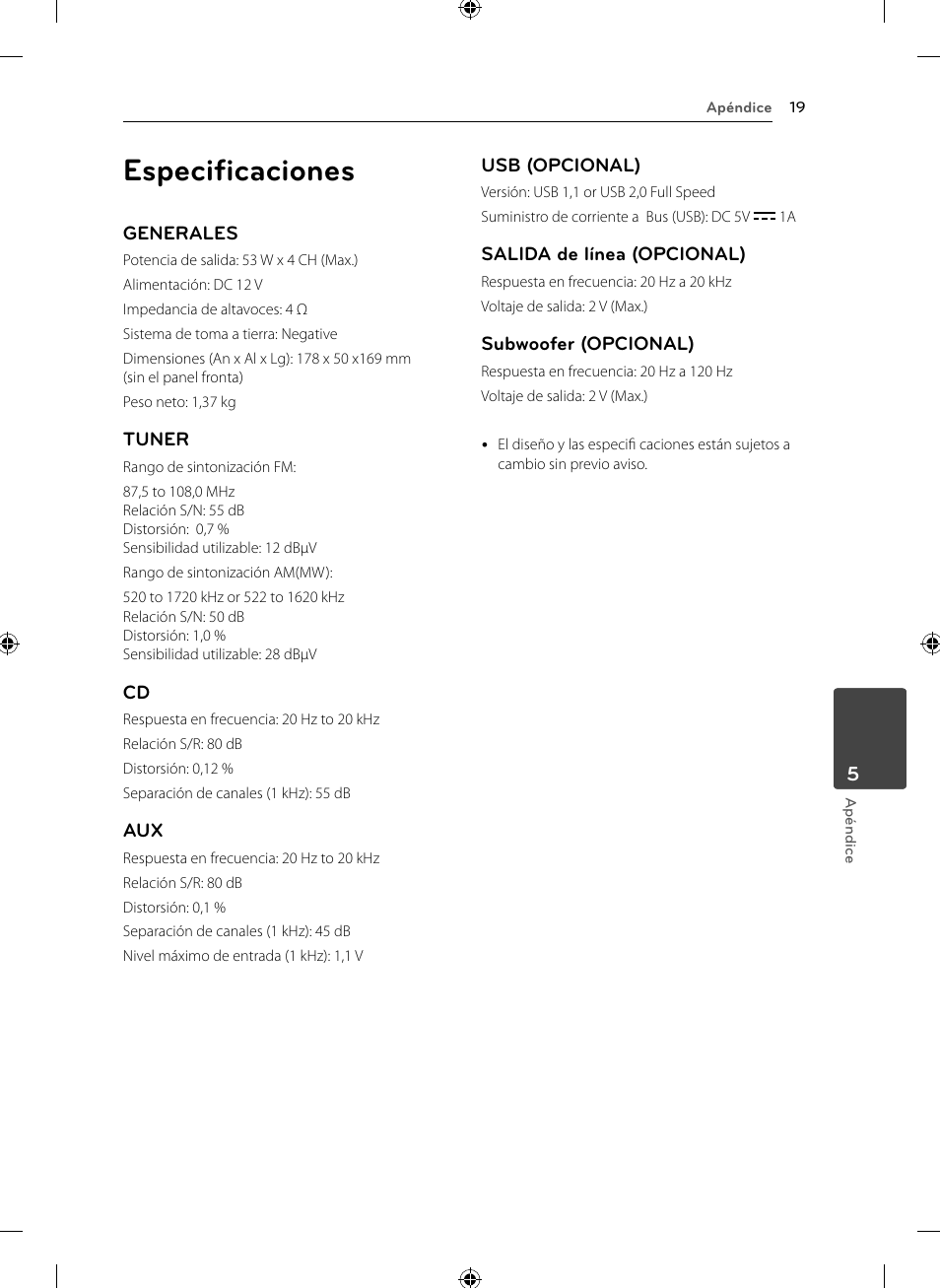 Especifi caciones | LG LCS110AR Manual del usuario | Página 19 / 20