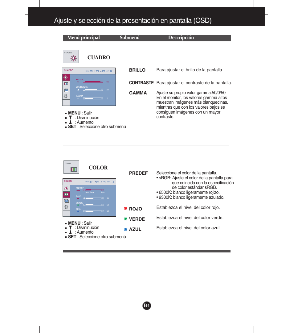 Cuadro, Color | LG W2043T-PF Manual del usuario | Página 15 / 28