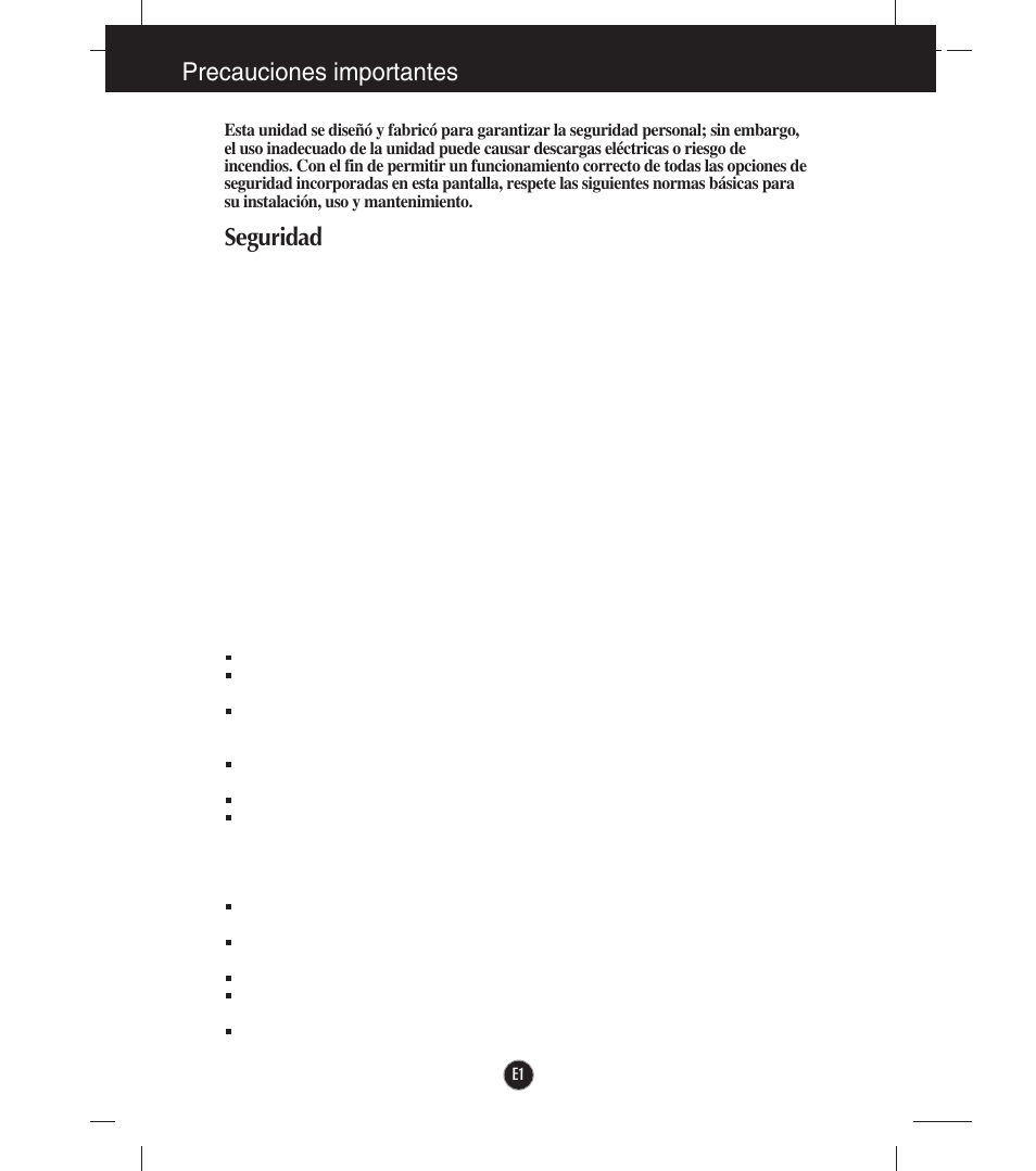 Precauciones importantes, Seguridad | LG W2043T-PF Manual del usuario | Página 2 / 28