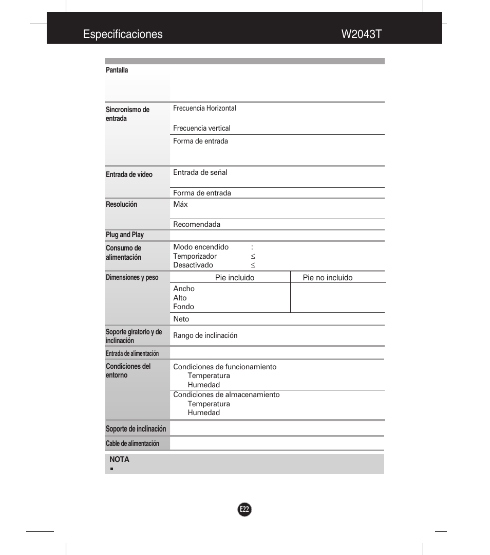 Especificaciones, W2043t, Especificaciones w2043t | LG W2043T-PF Manual del usuario | Página 23 / 28