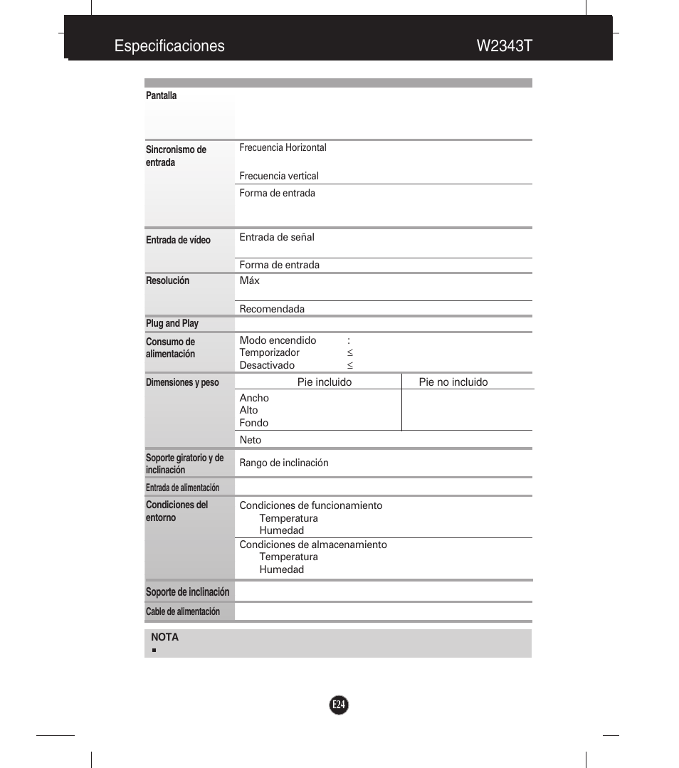 W2343t, Especificaciones w2343t | LG W2043T-PF Manual del usuario | Página 25 / 28