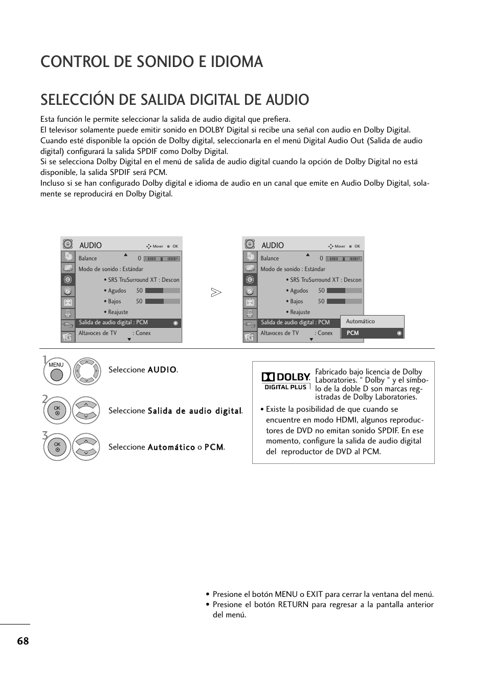 Control de sonido e idioma, Selección de salida digital de audio | LG M2794DP-PZ Manual del usuario | Página 69 / 111