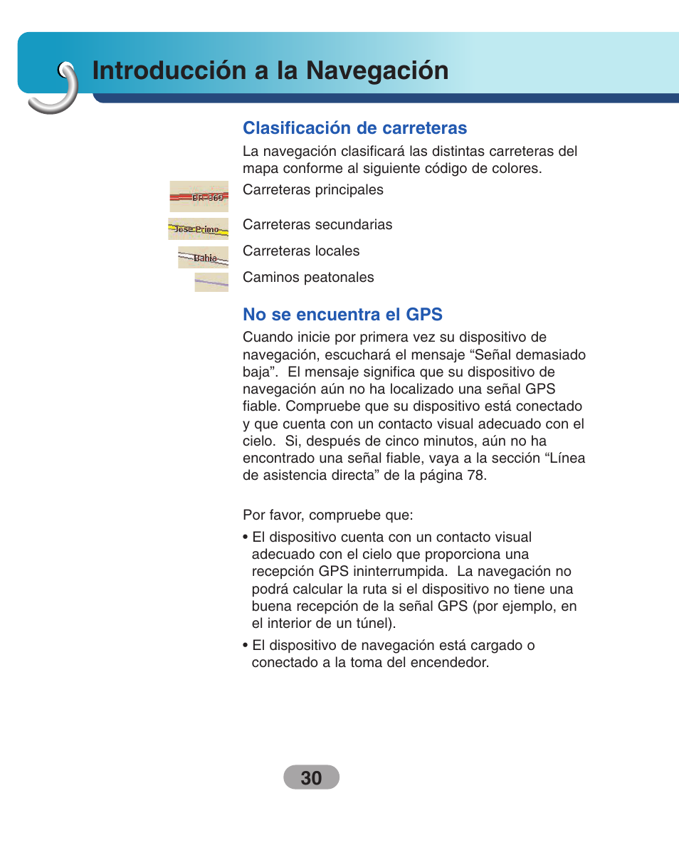 Clasificación de carreteras, No se encuentra el gps, Introducción a la navegación | LG LN500 Manual del usuario | Página 30 / 80
