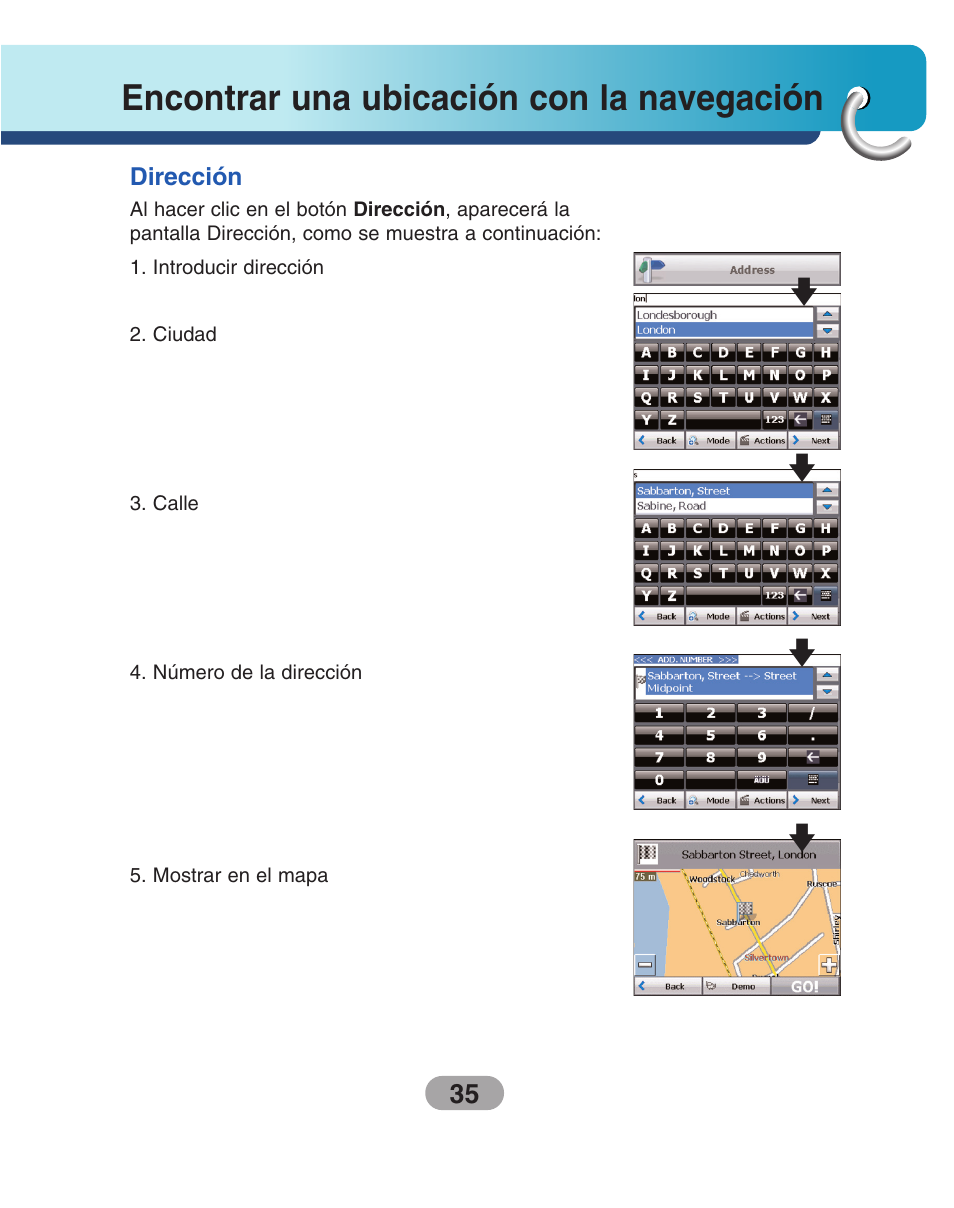 Encontrar una ubicación con la navegación, Dirección | LG LN500 Manual del usuario | Página 35 / 80