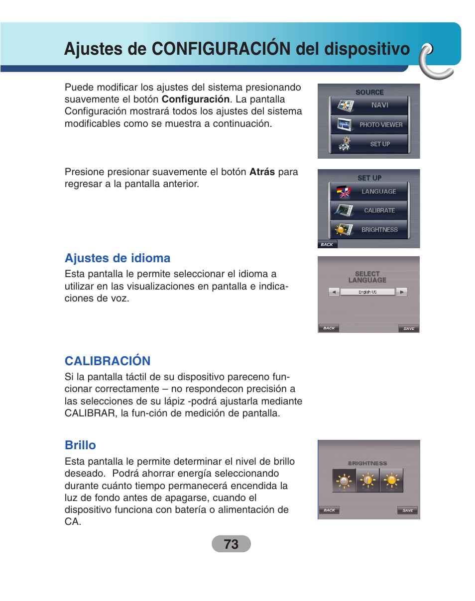 Ajustes de configuración del dispositivo, Ajustes del idioma, Brillo | Calibración | LG LN500 Manual del usuario | Página 73 / 80