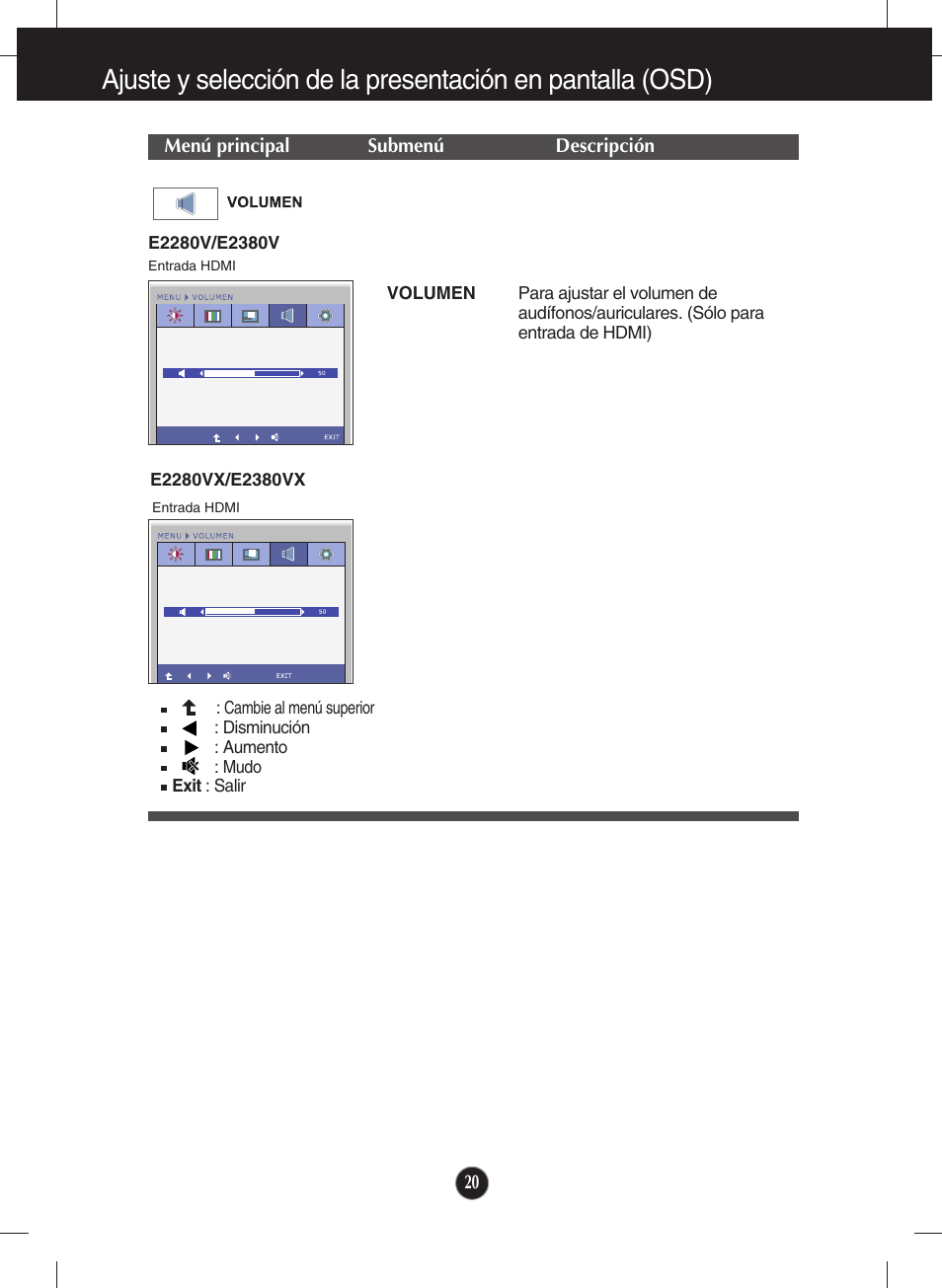 Volumen | LG E2380VX-PN Manual del usuario | Página 21 / 44