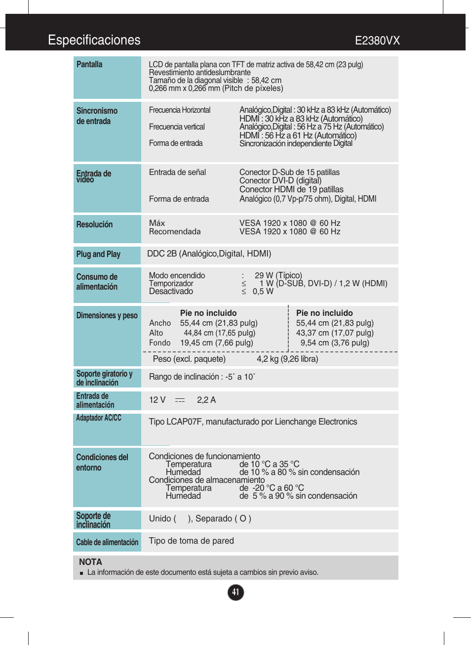 E2380vx, Especificaciones | LG E2380VX-PN Manual del usuario | Página 42 / 44