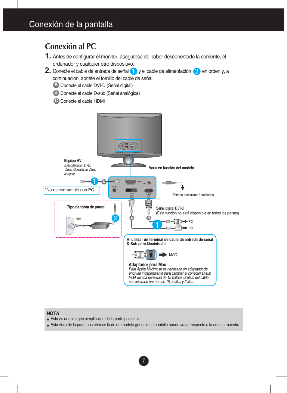 Conexión al pc, Conexión de la pantalla | LG E2380VX-PN Manual del usuario | Página 8 / 44