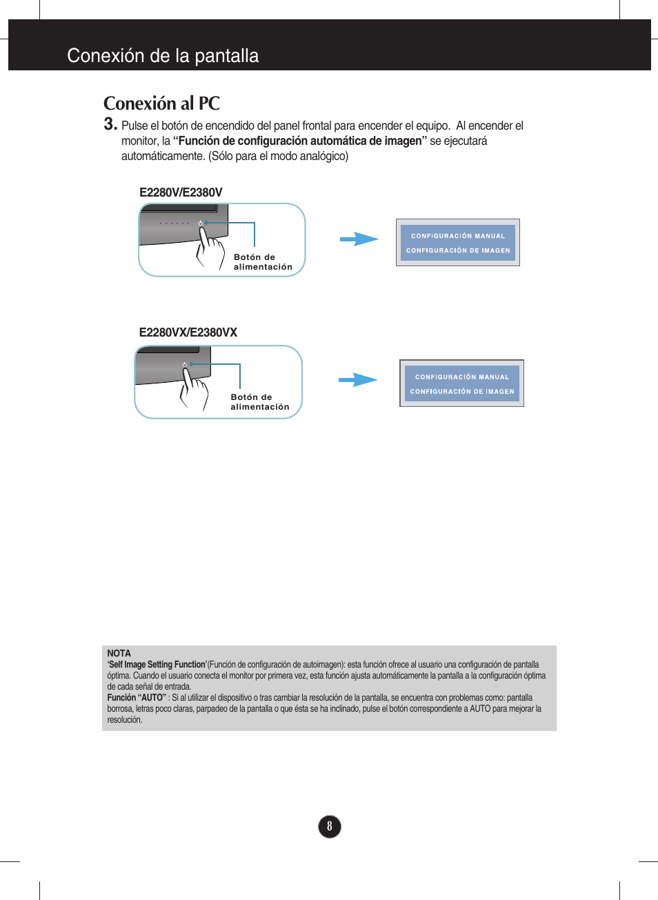 Conexión de la pantalla, Conexión al pc | LG E2380VX-PN Manual del usuario | Página 9 / 44