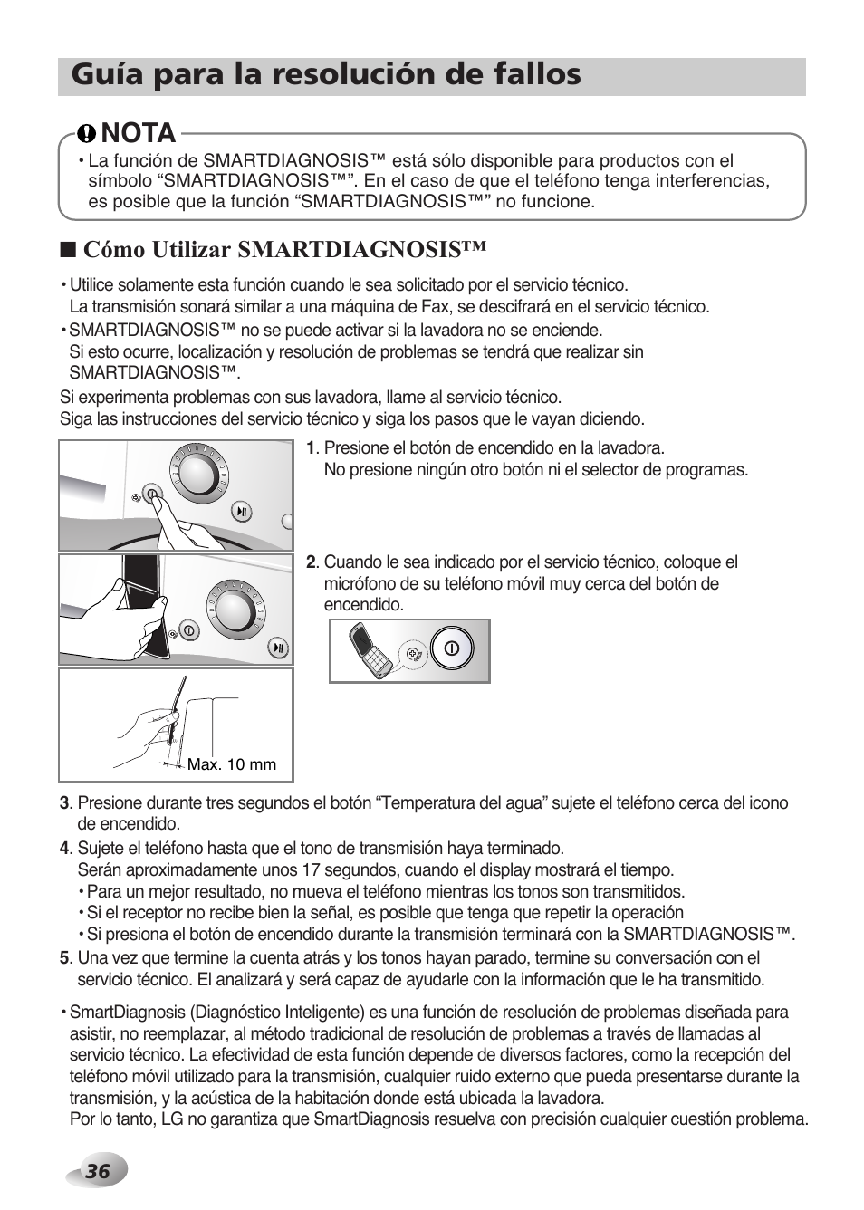 Guía para la resolución de fallos, Nota, Cómo utilizar smartdiagnosis | LG F1480TD Manual del usuario | Página 36 / 44