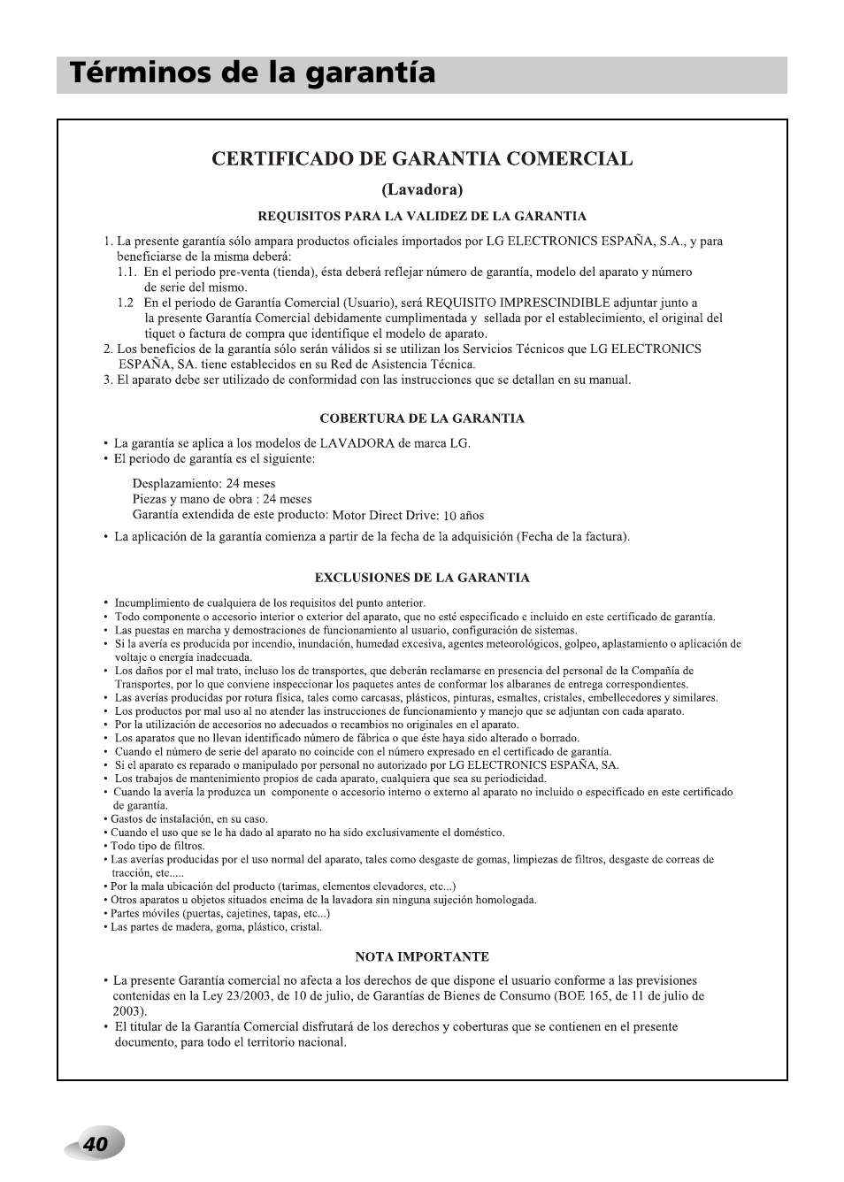 Términos de la garantía | LG F1480TD Manual del usuario | Página 40 / 44