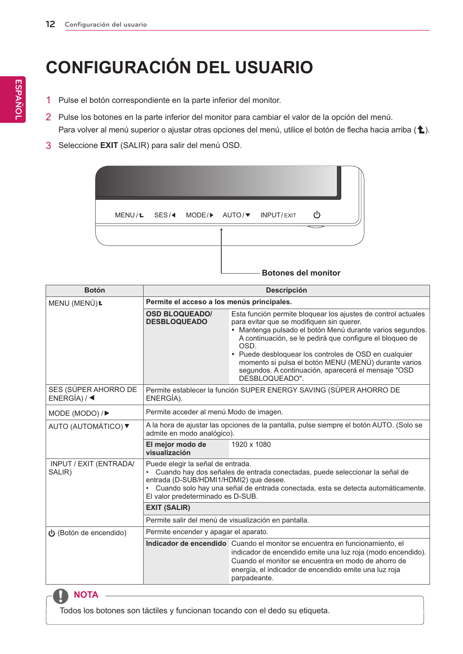 Configuración del usuario, Configuración del usu, Ario | LG 23ET83V-W Manual del usuario | Página 12 / 26