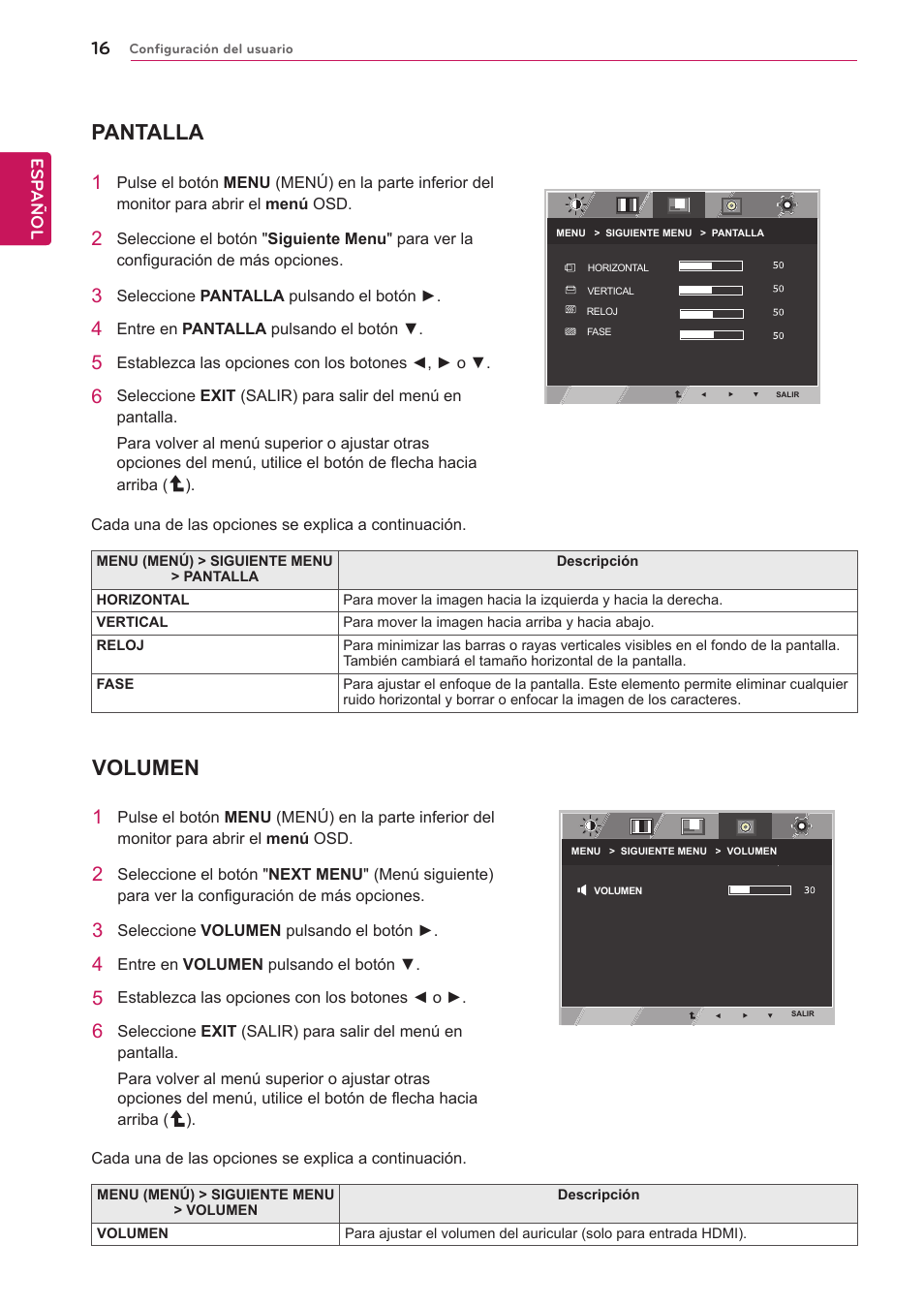 Pantalla, Volumen | LG 23ET83V-W Manual del usuario | Página 16 / 26