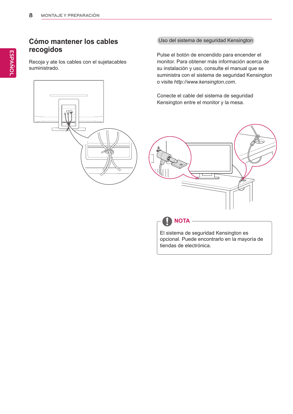 Cómo mantener los cables recogidos | LG 23ET83V-W Manual del usuario | Página 8 / 26