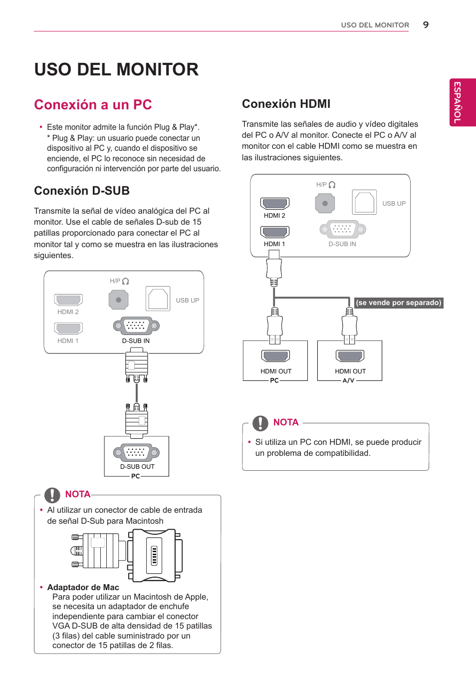 Uso del monitor, Conexión a un pc, Conexión d-sub | Conexión hdmi, Esp añol, Nota | LG 23ET83V-W Manual del usuario | Página 9 / 26