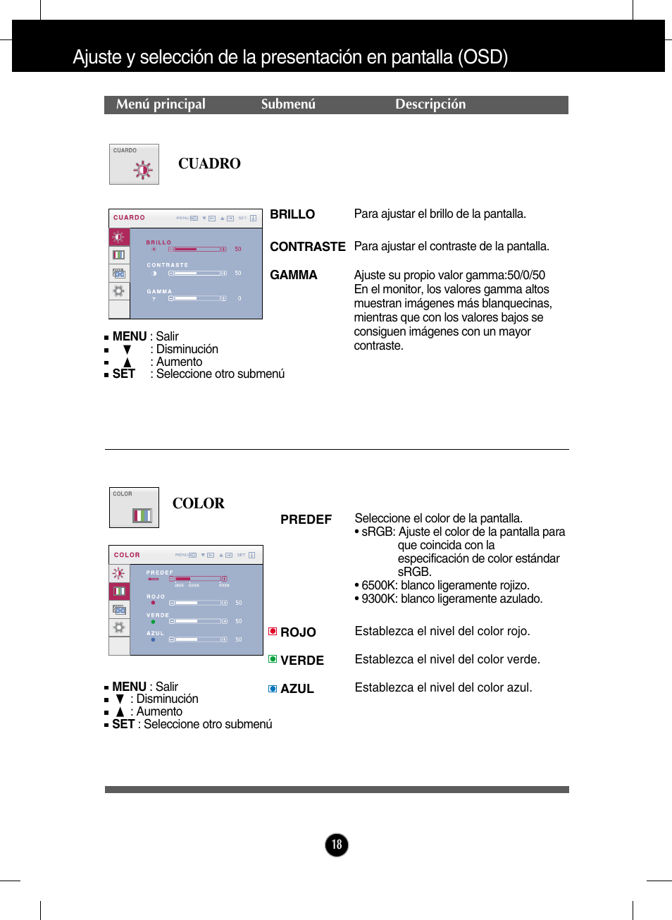 Cuadro, Color | LG W2271TC-PF Manual del usuario | Página 19 / 34