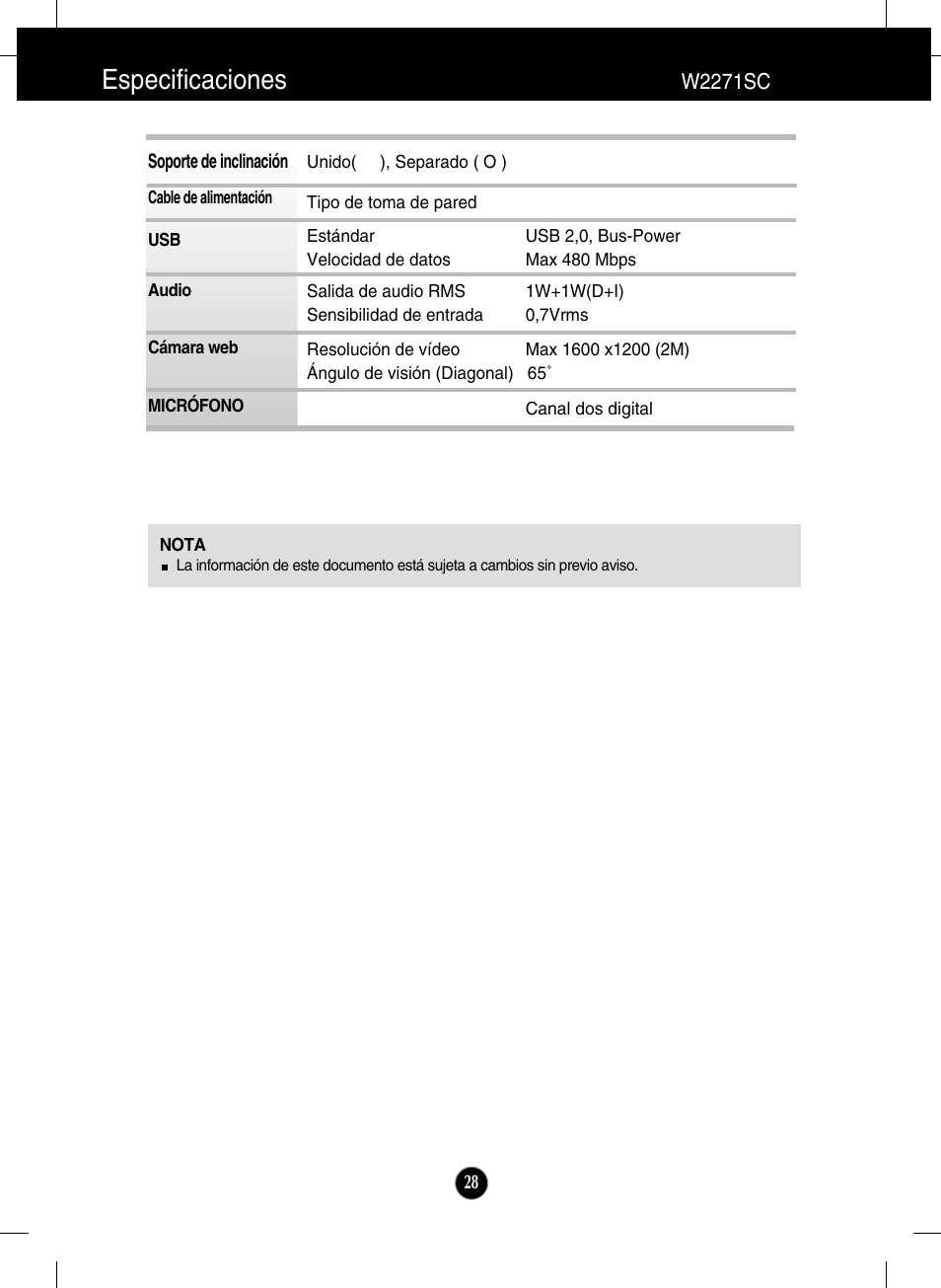 Especificaciones | LG W2271TC-PF Manual del usuario | Página 29 / 34