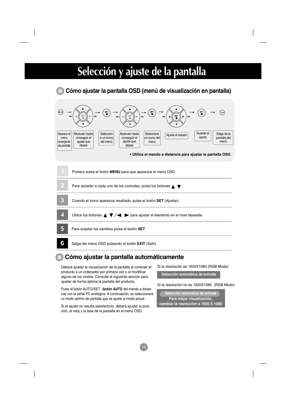 Cómo ajustar la pantalla automáticamente, Selección y ajuste de la pantalla | LG M4210D-B21 Manual del usuario | Página 17 / 50