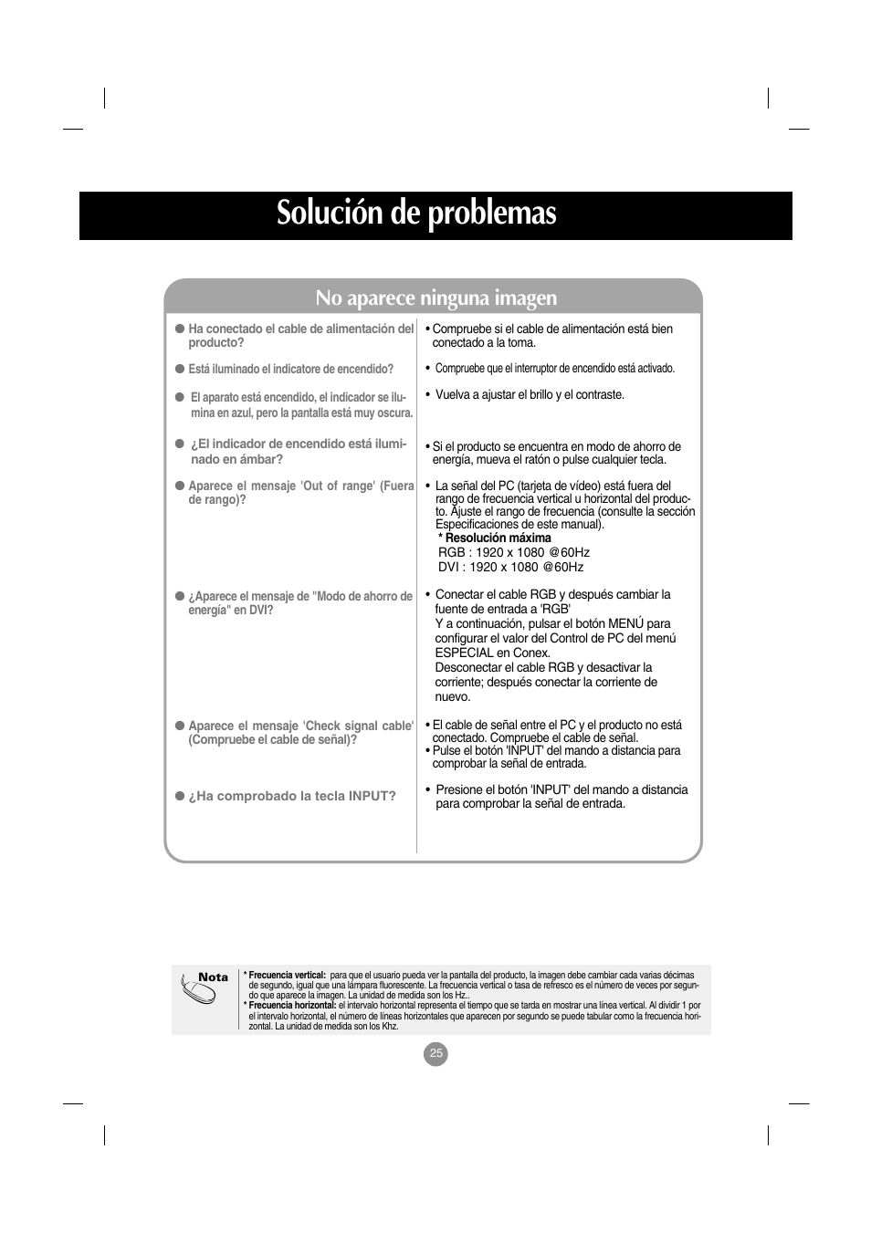 Solución de problemas, No aparece ninguna imagen | LG M4210D-B21 Manual del usuario | Página 26 / 50
