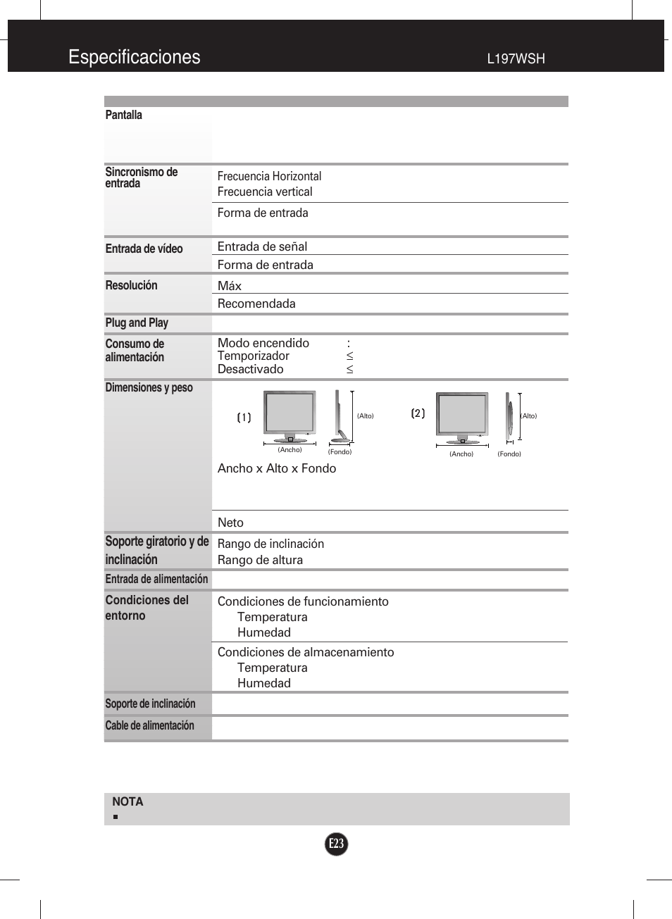 Especificaciones | LG L197WH-PF Manual del usuario | Página 24 / 29