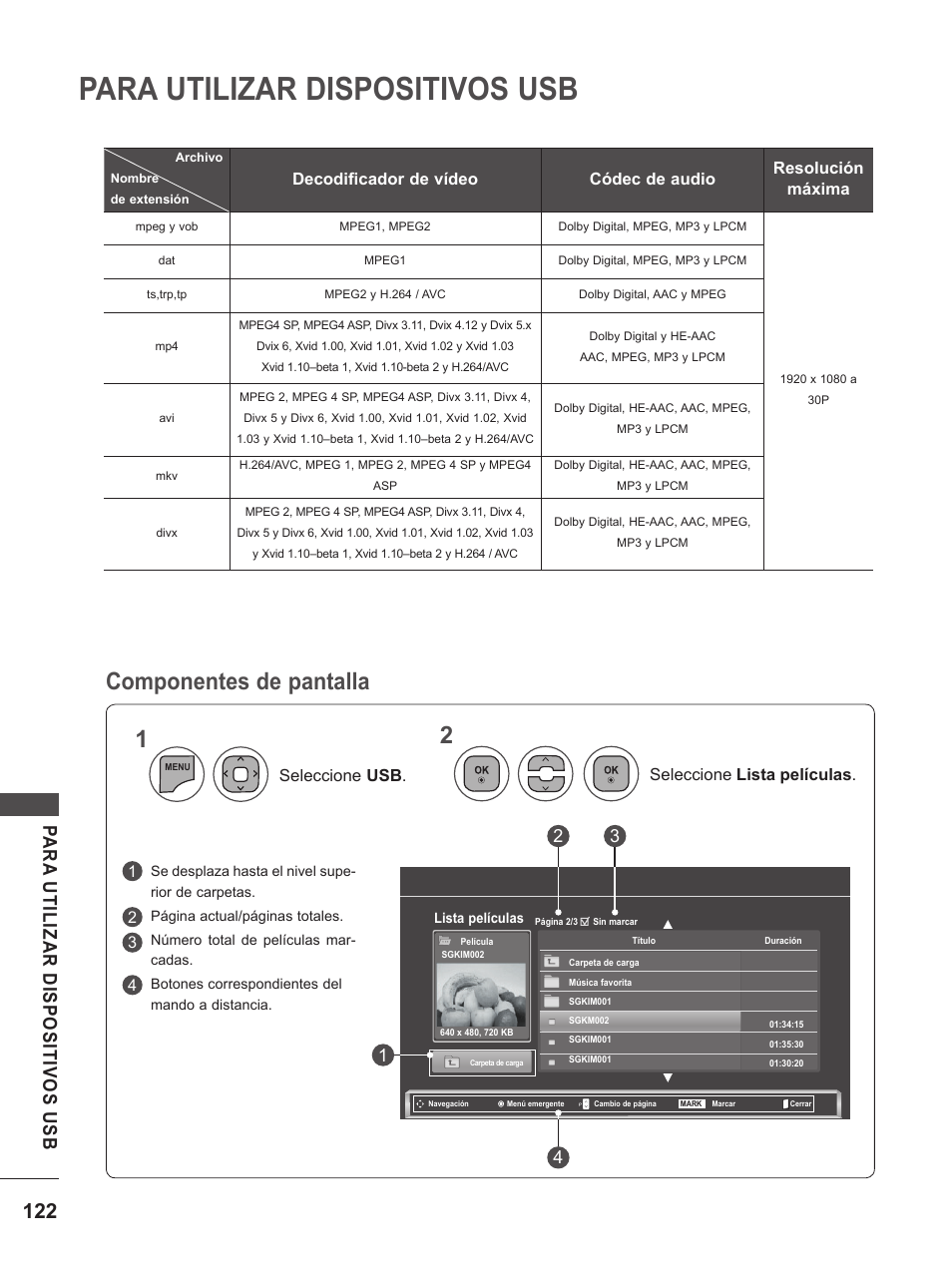 Para utilizar dispositivos usb, Componentes de pantalla 1 2 | LG M1962DP-PZ Manual del usuario | Página 122 / 152