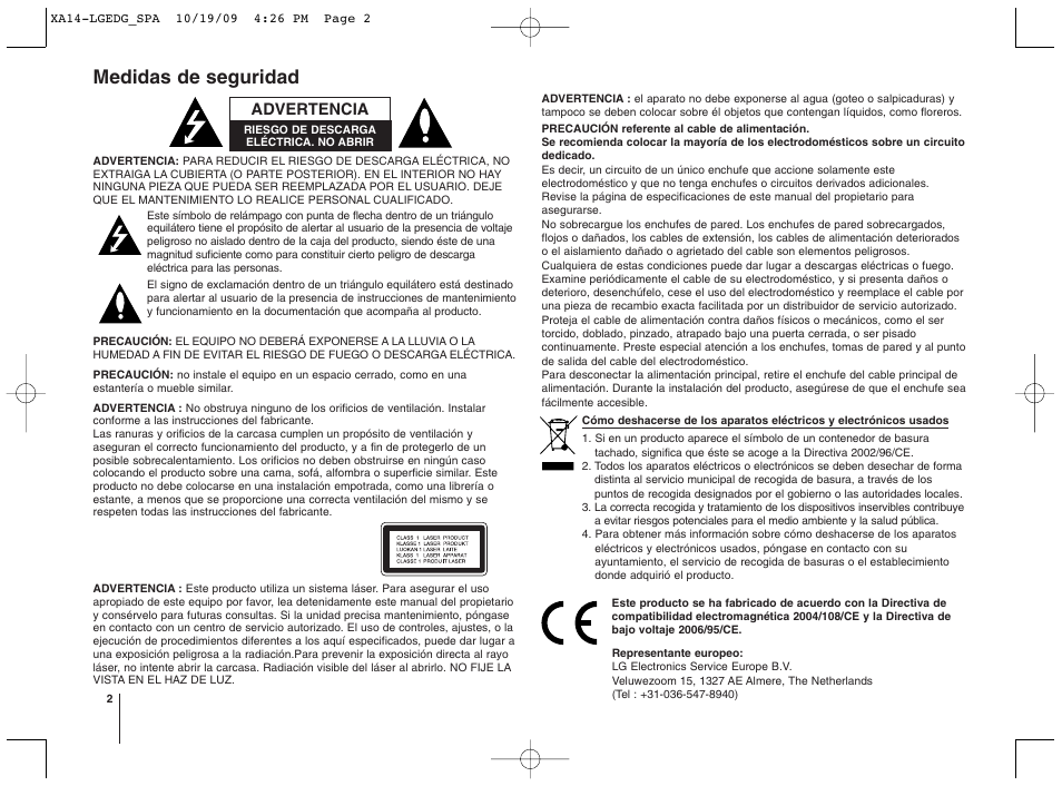 Medidas de seguridad, Advertencia | LG XA14 Manual del usuario | Página 2 / 10