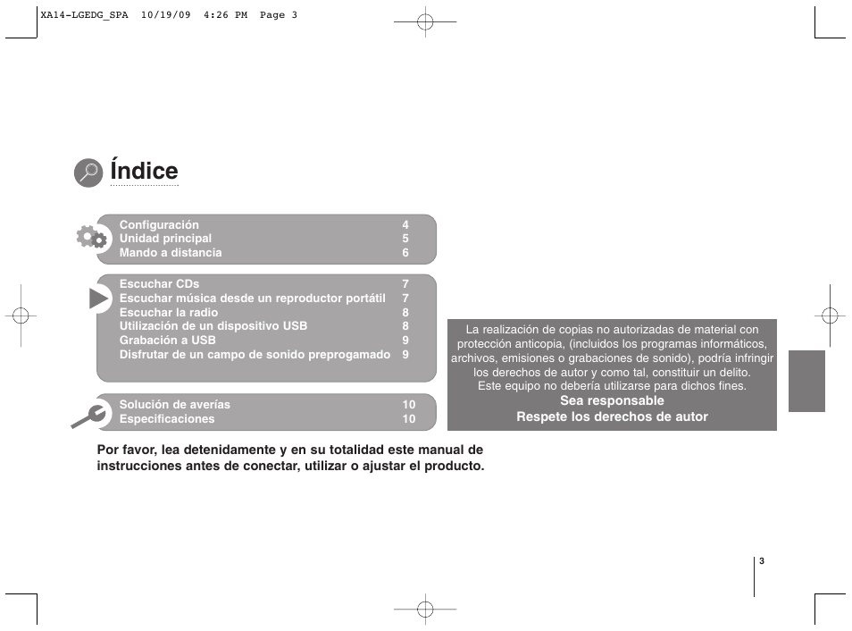 Índice | LG XA14 Manual del usuario | Página 3 / 10