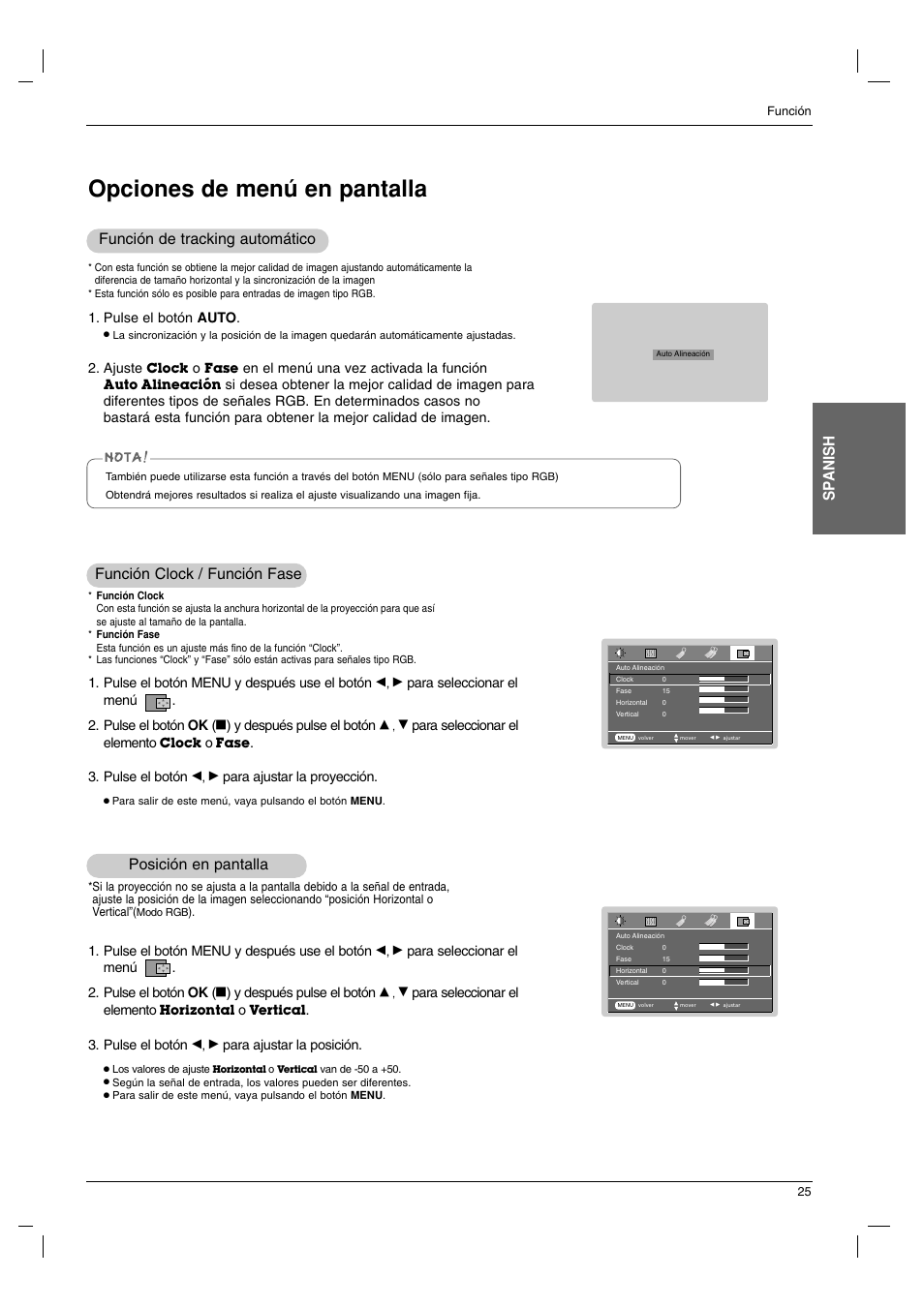 Opciones de menú en pantalla, Sp anish, Posición en pantalla | Función clock / función fase, Función de tracking automático | LG BX220 Manual del usuario | Página 25 / 36