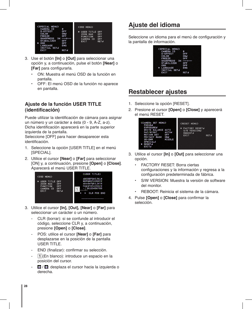 Ajuste del idioma, Restablecer ajustes | LG LT303P-B Manual del usuario | Página 28 / 32