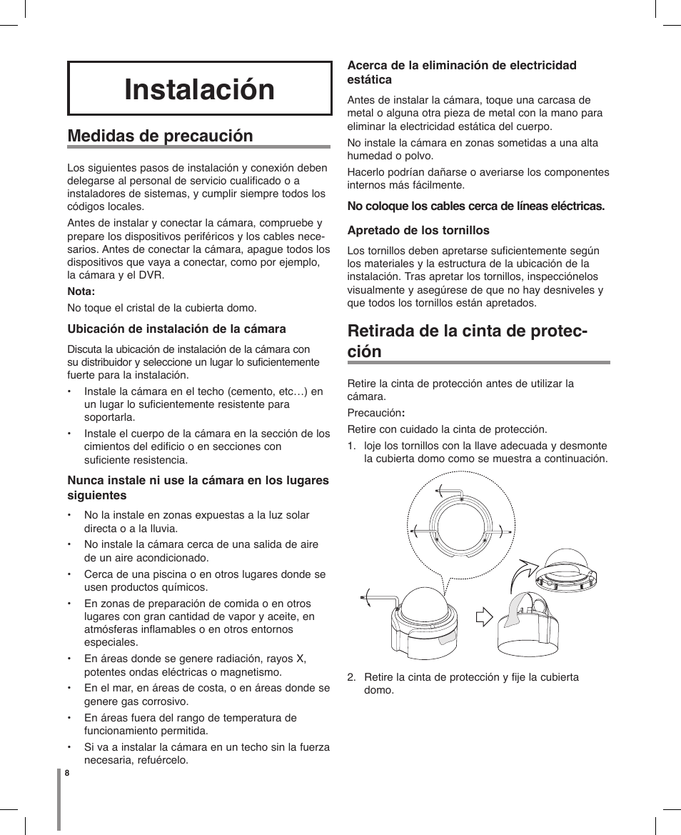 Instalación, Medidas de precaución, Retirada de la cinta de protec- ción | LG LT303P-B Manual del usuario | Página 8 / 32