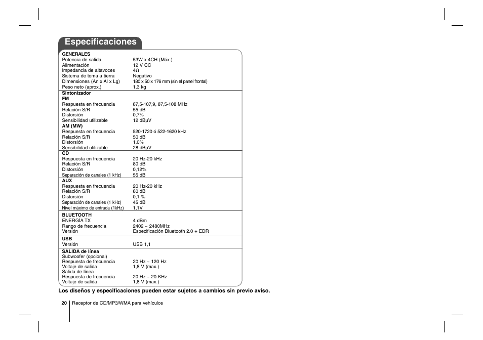 Especificaciones | LG LAC7900RN Manual del usuario | Página 20 / 20