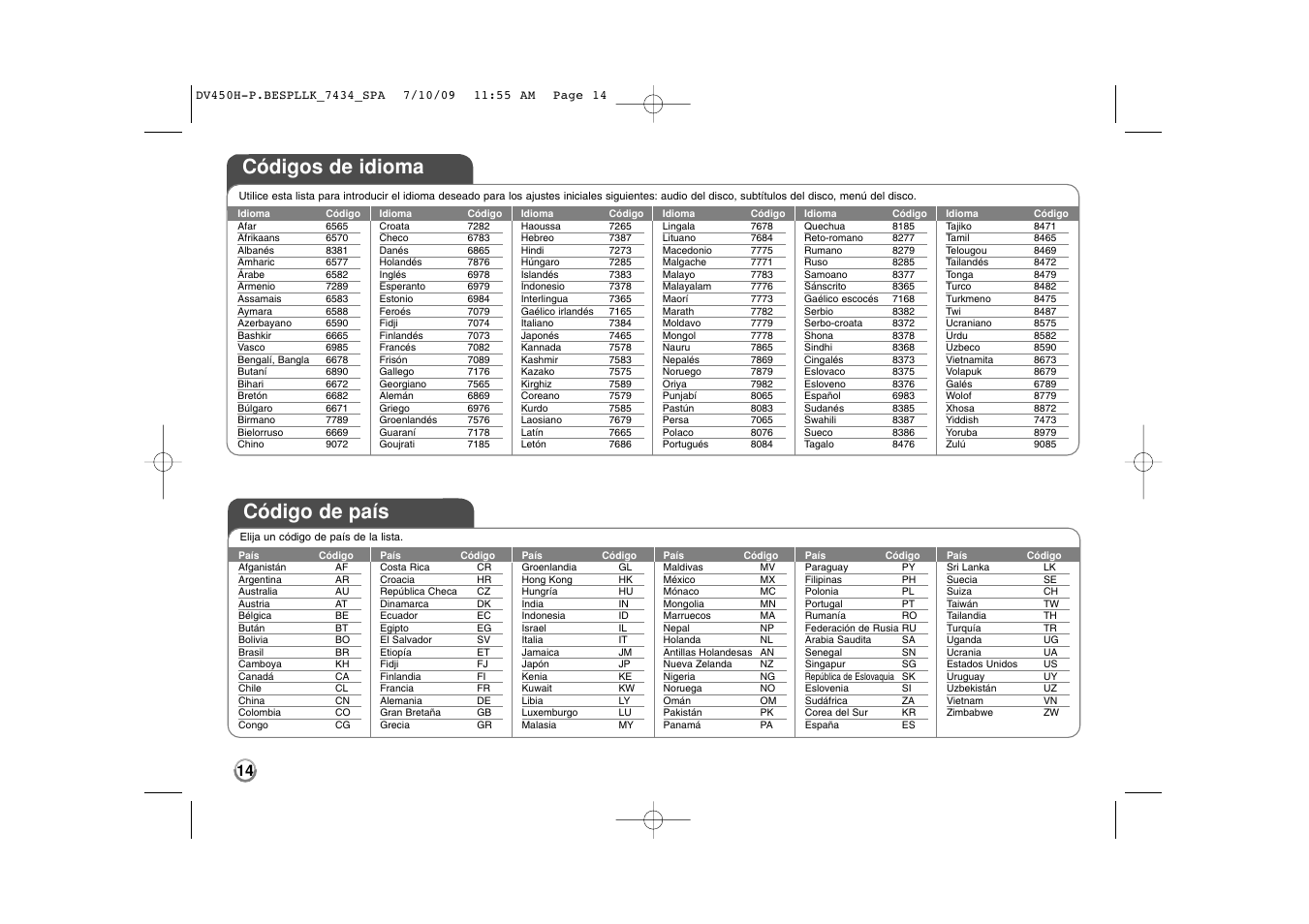 Códigos de idioma, Código de país | LG DVX450H Manual del usuario | Página 14 / 15