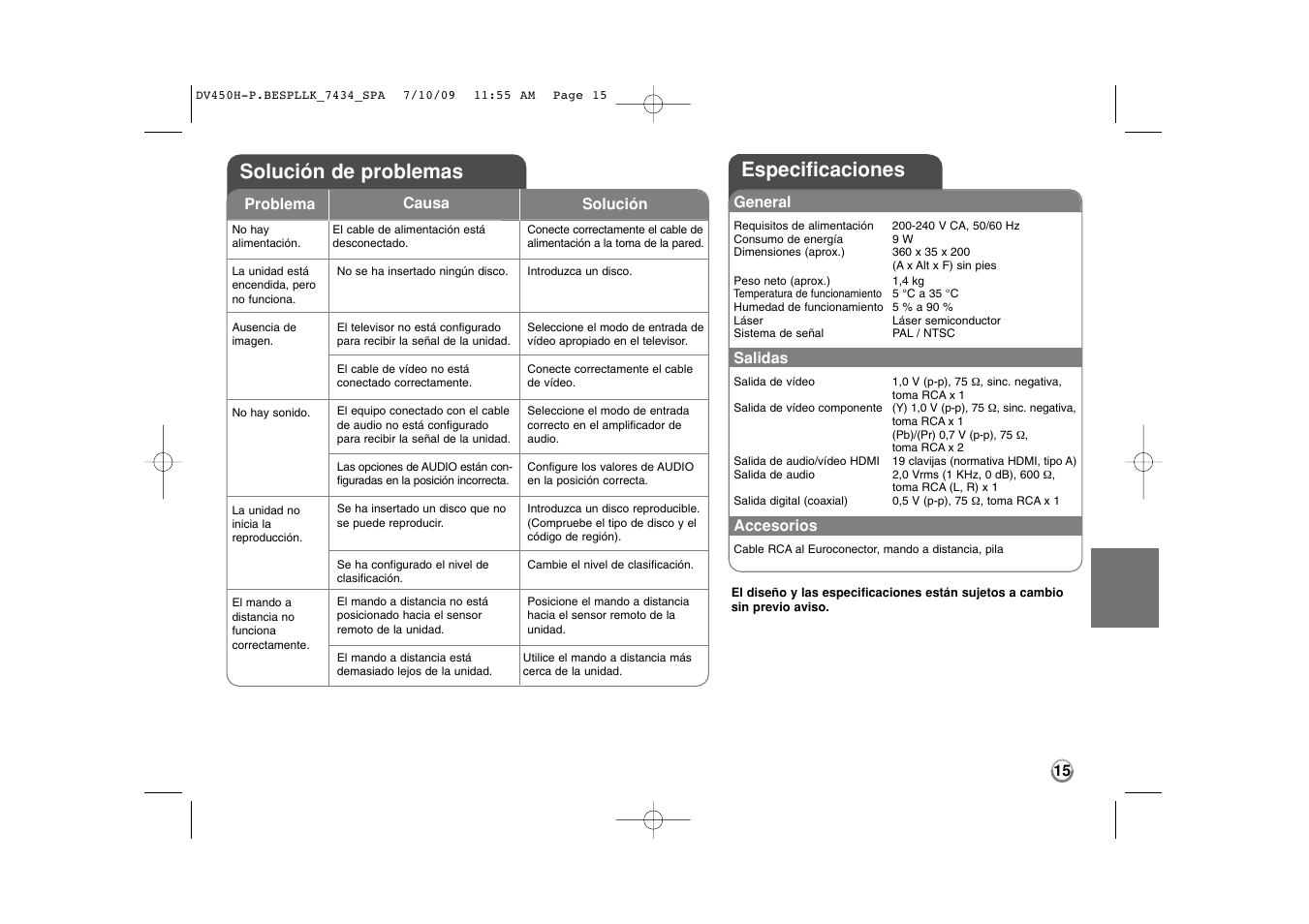 Especificaciones, Solución de problemas | LG DVX450H Manual del usuario | Página 15 / 15